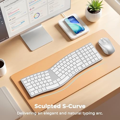 MEETION Wireless Ergonomic Keyboard and Mouse, Split S-Curve Design, White