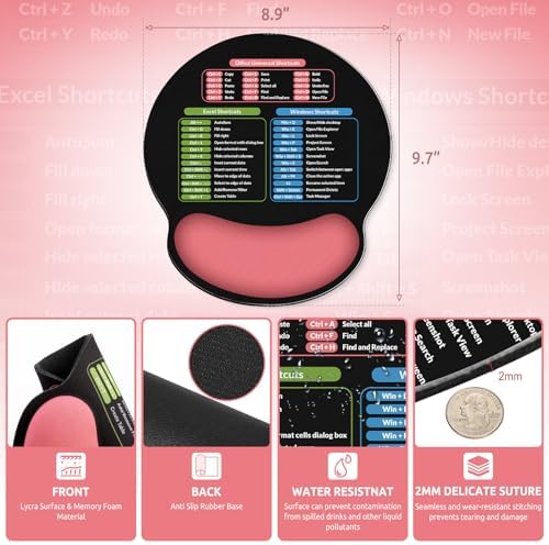 KONVINIT Ergonomic Mouse Pad with Wrist Rest, Small Excel Cheat Sheet Desk Pad with Windows & Office & Excel Shortcuts, Non-Slip Rubber Base Mouse Pads for Desk with Smooth Surface, Black Pink