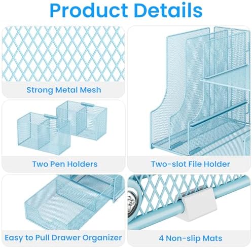 Lavatino Desk Organizer – 4-in-1 Blue Mesh Office Supplies Organizer with Pen Holder, File Holder, Desktop Tray, and Drawer for Home, Office, Classroom