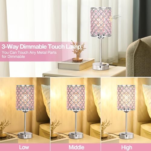 Hong-in Pink Bedside Lamps for Night Stands, Crystal Table Lamp for Bedroom