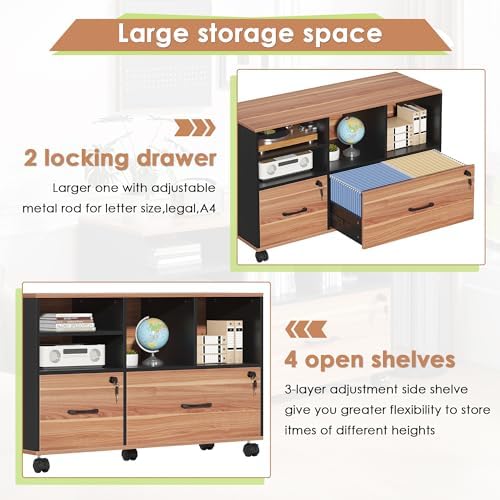 2 Drawer File Cabinet for Home Office, Lockable Rolling Filing Cabinet with Adjustable Shelves, Wood Lateral File Cabinet with Lock, Printer Stand Office Storage Cabinet, Rustic Brown & Black