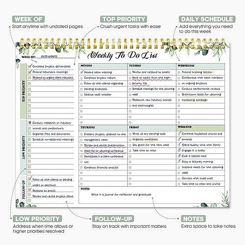 Taja Weekly To Do List Notepad, Undated Weekly Planner Pad, 8.5" x 11"