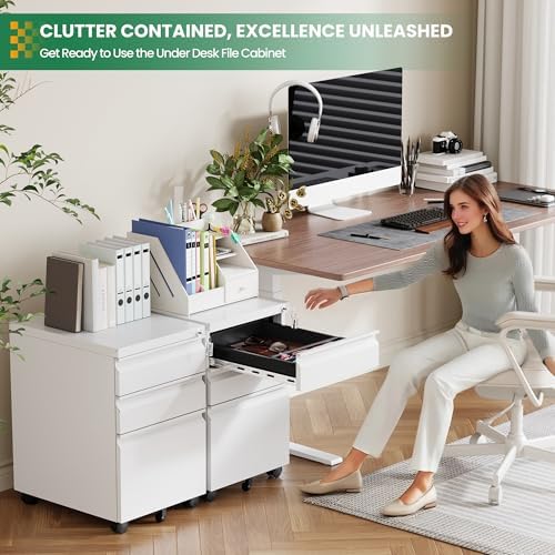 3 Drawer Mobile File Cabinet with Lock,Under Desk Storage Cabinet for Home Office,Vertical Filing Cabinet Fits A4 or Letter Size(Unassembled,White)