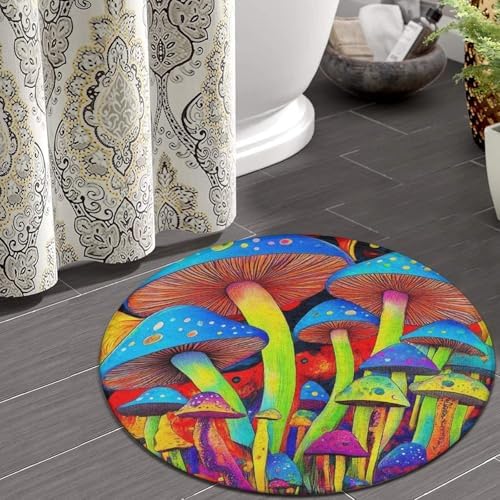 Machine Washable Modern Round Area Rug, Room Sofa Yoga Soft Round Carpet, Home Decor Non Slip Kitchen Office Circle Rug Trippy Tie Dye Magic Mushrooms Art, 36inch