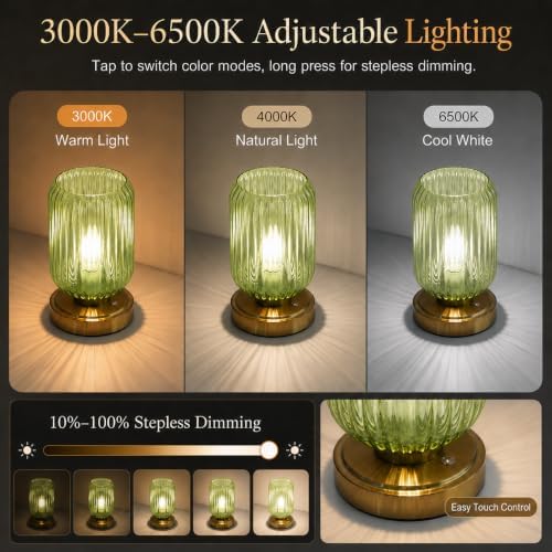 Cordless Glass Table Lamp, 3 Color Modes & Stepless Dimming, Green
