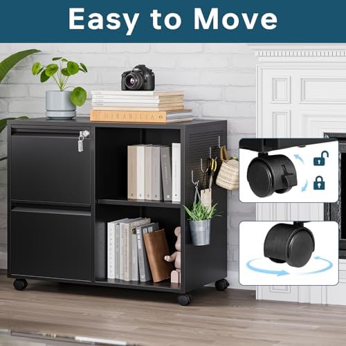 MIIIKO 2 Drawer File Cabinet with Lock, Metal Lateral Rolling Printer Stand Filing Cabinets with Drawers for Home Office,A4, Letter Size File Folders(Black)