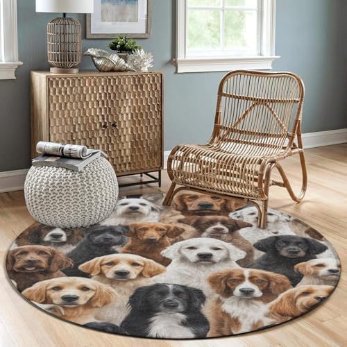 Large Home Decor Mat, Soft Round Yoga Carpet, Non Slip Machine Washable Kitchen Office Circle Rug Lover Gifts Funny Cute Dogs