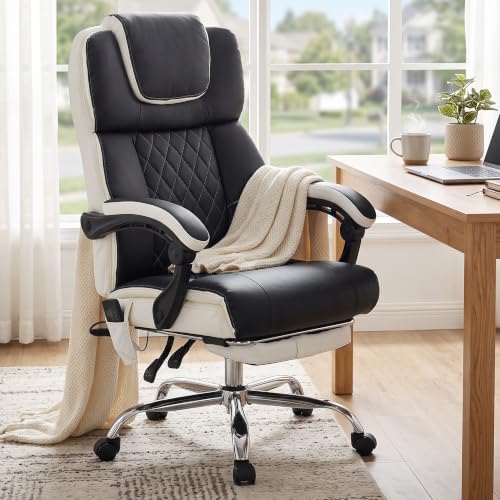 Massage Office Chair with Heat & Footrest,Heated Comfy Reclining Desk Chair with Vibration,Executive Big and Tall Chairs for Heavy People,Adjustable Height Black Black-White