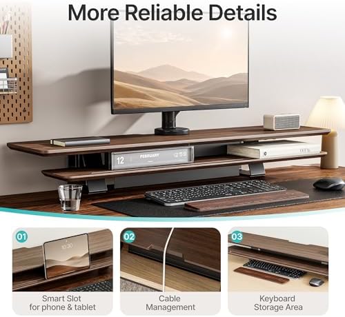 Dual Clamp-On Wooden Monitor Stand, 41.7" 2-Tier Desk Riser Organizer
