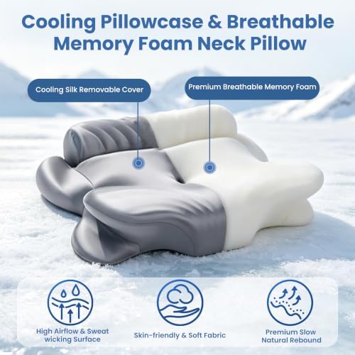 Cervical Pillow for Neck Pain Relief, 2-in-1 Orthopedic Neck Support Pillow for Sleeping, Cooling Ergonomic Contour Memory Foam Pillow for Side Back Sleepers, Adjustable with Detachable Roll