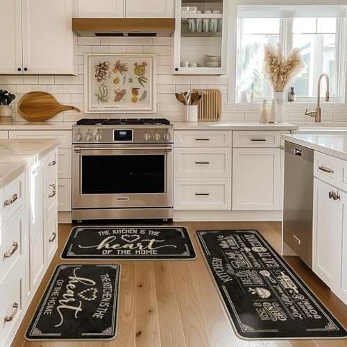 Artoid Mode Black Cooking Sets Kitchen Mats Set of 3, Seasonal The Kitchen is The Heart of The Home Holiday Party Low-Profile Floor Mat for Home Kitchen - 17"x29"+17"x36"+17"x47"