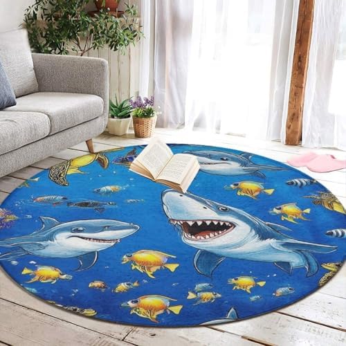 Room Sofa Yoga Soft Round Carpet, Home Decor Non Slip Kitchen Office Circle Rug, Machine Washable Modern Round Area Rug Ocean Sea Shark Fish, 24inch