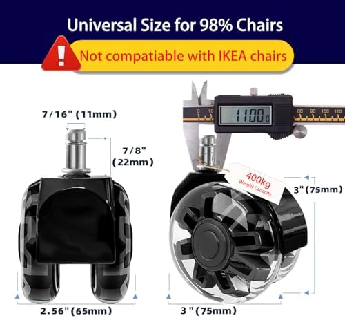 Hirate 3 inch Office Furniture Casters 7/16 inch Stem Dual Rubber Wheel