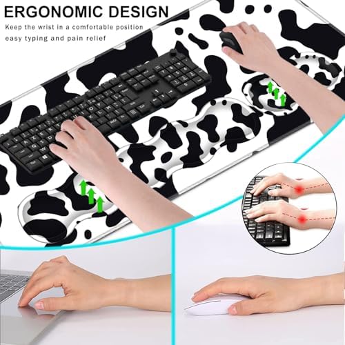 Keyboard Wrist Rest and Mouse Pad with Wrist Support Set Ergonomic Coaster,Memory Foam,Easy Typing Pain Relief,Large XL Desk Mat 31.5"x 11.8",Cute Cow Print