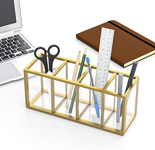 NIUBEE Gold Acrylic Pen Holder 4 Compartments, Desk Office Pencil Cup Desk