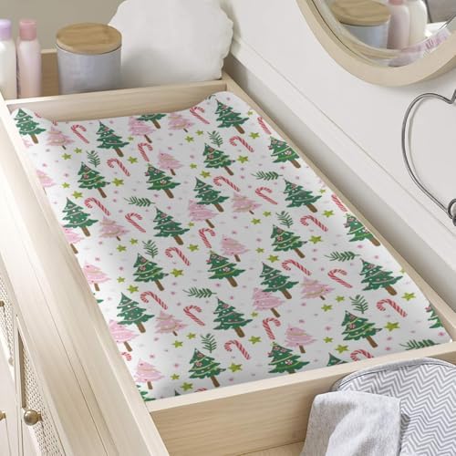 Colorful Christmas Trees Leaves Stars Winter Holiday Pattern Baby Changing Pad Cover, Unisex Christmas Nursery Diaper Changing Table Pad Mat Sheet for Boys Girls-16x32