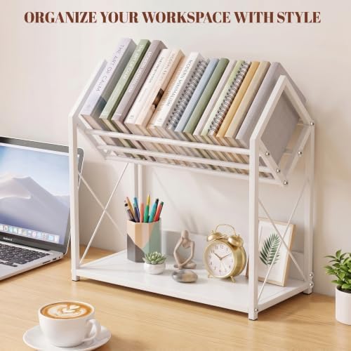 Desktop Bookshelf Organizer, 2 Tier Wood Desk Shelf for Tabletop Storage, Small Desktop Shelf for Office Home Dorm, Table Shelf Book Rack for Books/Supplies/Decor Display (White)