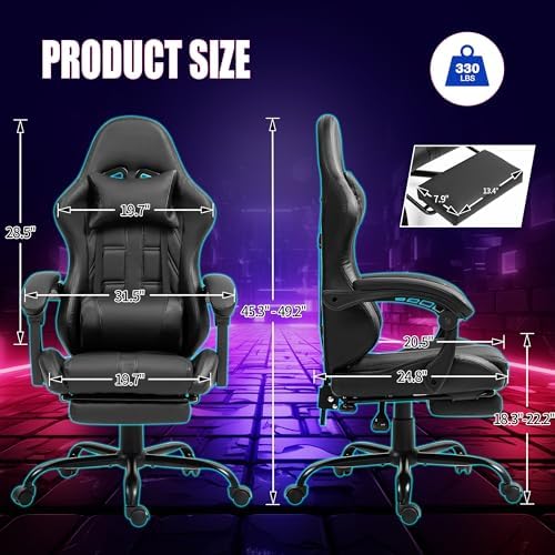 Massage Gaming Chair with Footrest & Lumbar Support, Black