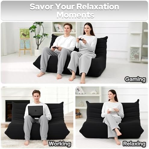 HABUTWAY Bean Bag Chairs Fireside Lazy Floor Sofa,2 Seater,Black