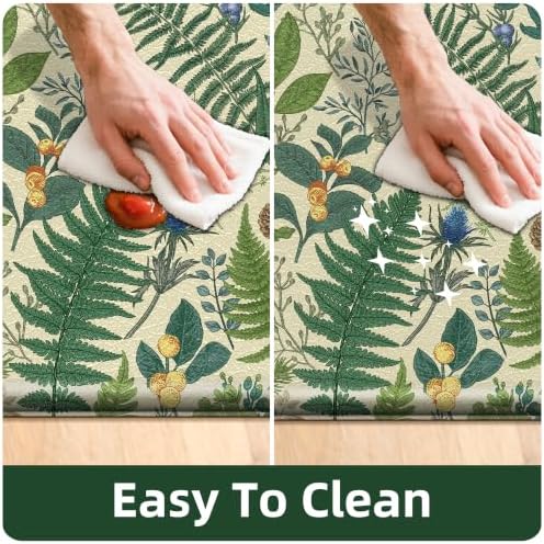 2PC Botanical Kitchen Rugs Set, Beige Green, 17.3"x28" + 17.3"x47"