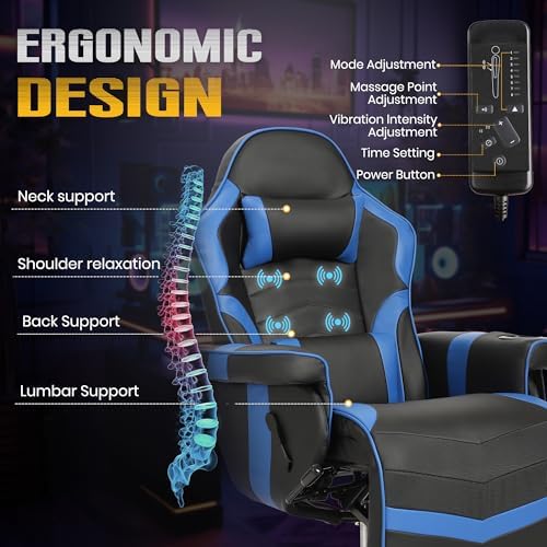 Massage Gaming Recliner Chair with Cup Holder & Side Pockets – Ergonomic PU Leather Video Gaming Chair with Footrest, Manual Recline, Headrest & Lumbar Support for Office or Game Room (Blue)
