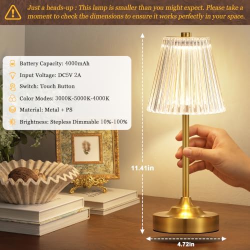Kakanuo Gold Cordless Rechargeable Table Lamp, Touch Battery Powered Lamp, 3 Color Modes, Crystal Acrylic Lampshade, Portable Ambient Night Light for Desk, Bedroom, Dining Room, Kitchen, Bar (2 Pack)