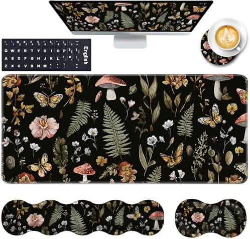 Keyboard Wrist Rest and Mouse Pad with Wrist Support Set Ergonomic Coaster,Memory Foam,Easy Typing Pain Relief,Large XL Desk Mat 31.5"x 11.8",Magic Mushrooms