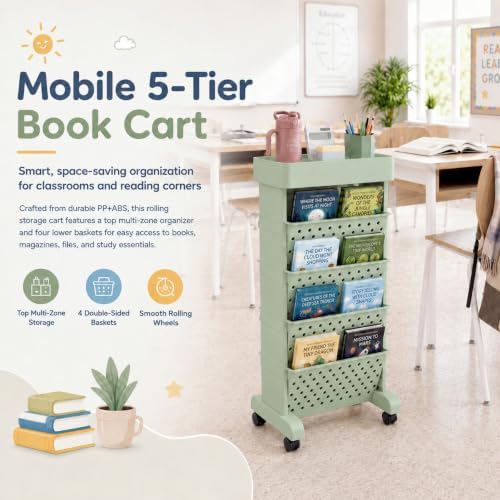 5-Tier Rolling Bookshelf Cart with Wheels, Green