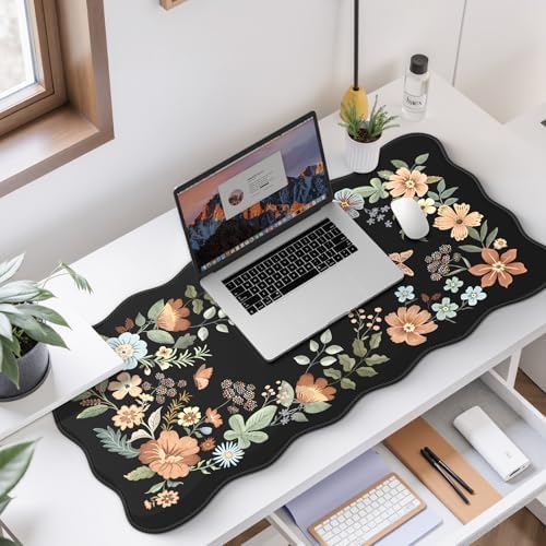 HAOCOO Scalloped Desk Mat for Keyboard, Floral Mouse Pad(Black)