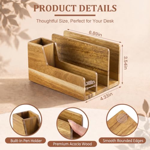 Novabright Acacia Wood Desk Organizer with Pen Holder, 4 Slot Mail Sorter