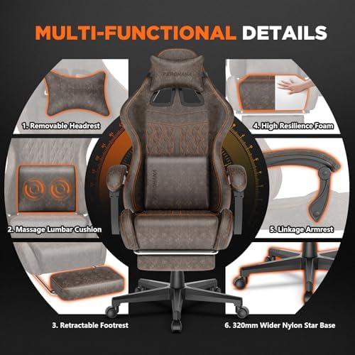 Ferghana Vintage PU Leather Gaming Chair, High Back Gamer Chair with Massage, Ergonomic Computer Office Chair with Footrest for Adults, Racing Style Reclining Video Game Chair Brown