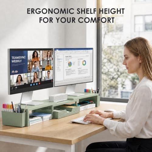 OPNICE Desk Organizers and Accessories, Dual Monitor Stand Riser with Drawer and 2 Pen Holders, Desk Shelf Printer Stand for Office Workspace Organizers, Desktop Organization (Sage Green)