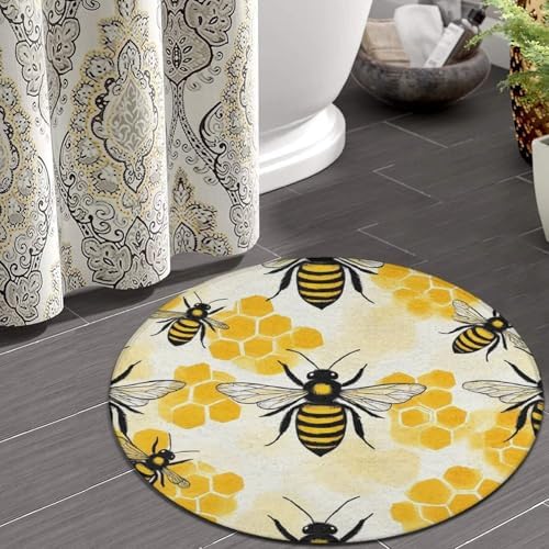 Large Home Decor Mat, Soft Round Yoga Carpet, Non Slip Machine Washable Kitchen Office Circle Rug Yellow Bee