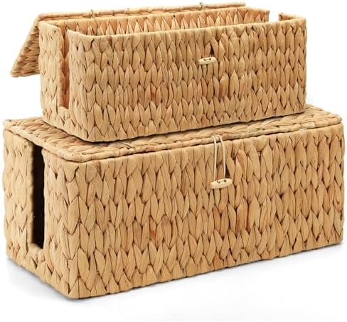 Posprica Cable Management Box with Lid, 2Pack Handwoven Real Water Hyacinth Cord Hider Organizer Boxes, 2 Side Open Slots Storage Box to Hide Cords Power Strip for Desk, Floor, Office
