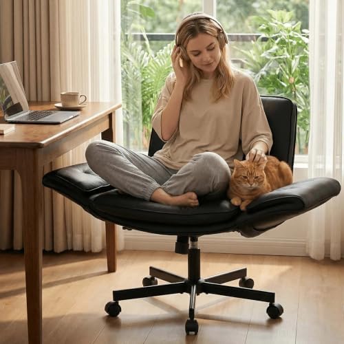 Criss Cross Chair with Lumbar Airbag & Folding Arms Relieve Back Pain, Wide Cross Legged Office Chair for Home Office, Comfy Swivel Desk Chair with Wheels, 5 Level Adjustable Armrest, Leather(Black)