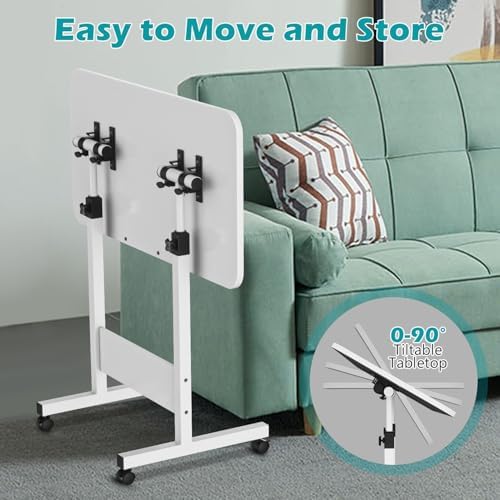 ZHIDIAN Tiltable Foldable Standing Desk Adjustable Height, Portable Computer Desk with Wheels, Mobile Sit Stand Small Rolling Laptop Table for Walking Pad, Bike Trainer, White
