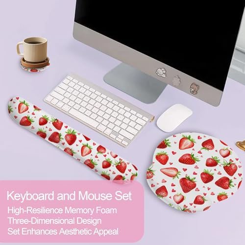 Cute Strawberry Heart Keyboard Wrist Rest Pad Mouse Pad Set,Ergonomic Mousepad Wrist Support Memory Foam Desk Pad for Gaming Office,Non-Slip Rubber Base Easy Typing for Home Office Computers