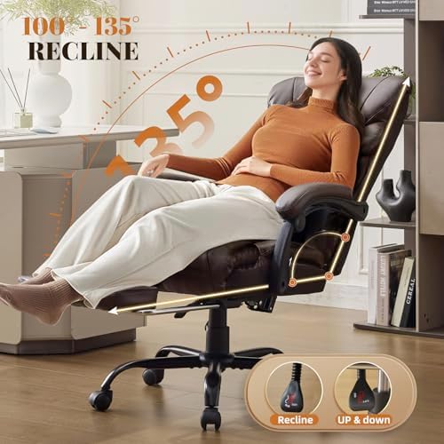 Big and Tall Office Chairs with Foot Rest,500LBS Wide Ergonomic Gaming Chair,100-135°Recline Executive Leather Computer Chairs with Adjustable Height,Coffee