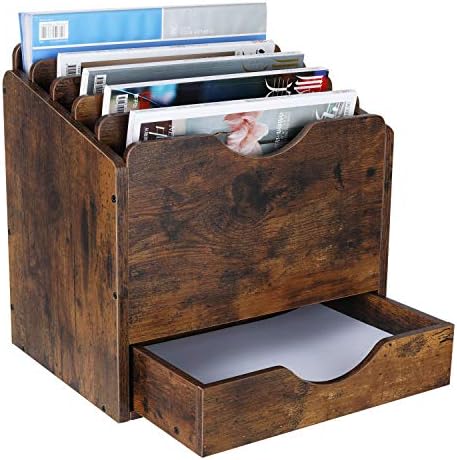 PAG-Mass Wood Desktop File Holder Organizer Mail Sorter with Drawer, for File Folders, Mails, Envelopes, Mailing Supplies or Magazines, 6 Compartments, Antique Brown