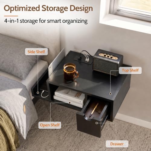 Afuly Black Floating Nightstand, Bedside Table with Charging Station&Drawer
