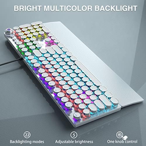 AULA F2088 Typewriter Mechanical Keyboard, White Retro Wired Gaming Keyboard with Blue Switches, Rainbow Backlit, Round Keycaps, Media Knob & Removable Wrist Rest
