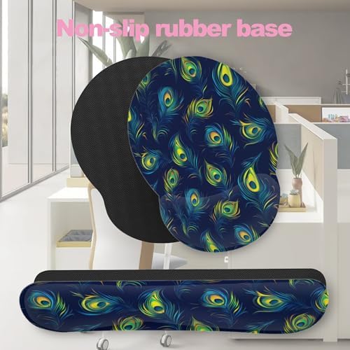 Blue Peacock Feather Keyboard Wrist Rest Pad and Mouse Pad Wrist Support Set,3-in-1 Ergonomic Mouse Pad with Non-Slip Rubber Base for Home Office Game Computers Desk,