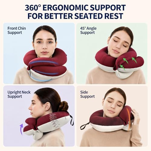 BUYUE Travel Neck Pillows for Airplanes, Memory Foam 360° Head Support Sleep for Long Flight, Skin-Friendly & Breathable, Kit with Eye Mask, Earplugs and Storage Bag (Adult, Red, 90+ lbs)