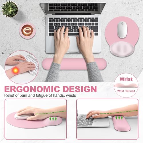 AIMSA Mouse Pad with Wrist Rest Support, Keyboard Wrist Rest Set, Ergonomic Memory Foam Mousepad for Computer Keyboard, Easy Typing and Pain Relief, Pink