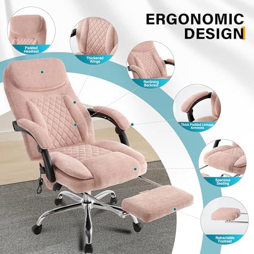 6-Point Massage Office Chair with Heated, Ergonomic Office Chair with Footrest & 45°Reclining High Back, Big and Tall Executive Office Chair 500LBS, Thick Cushion Desk Chair for Home Office, Pink