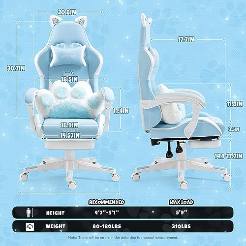 Gaming Chair, Cute Cat Gaming Chairs with Paw Lumbar Cushion for Girls, Video Gamer Chair with Footrest for Girl Teen Woman (Blue-A)