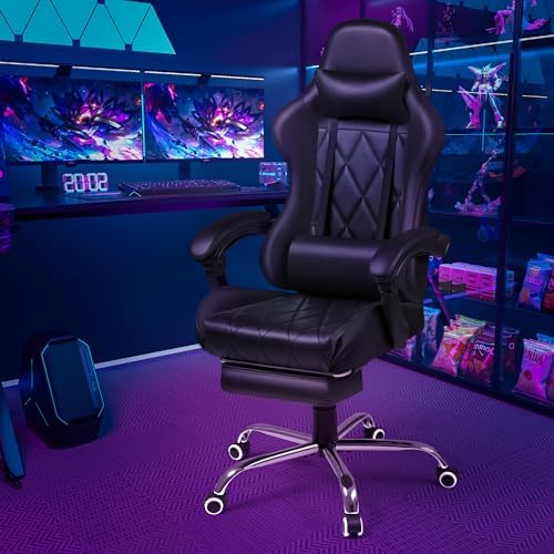 Shahoo Gaming Chair with Footrest and Massage Lumbar Support, Computer Game Chairs Ergonomic Office Seat Height Adjustable with Headrest, Black