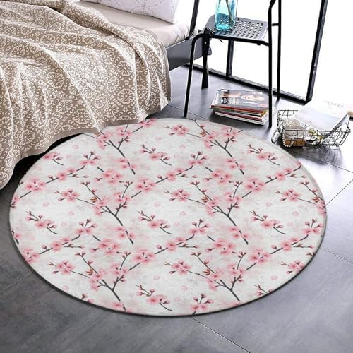Large Home Decor Mat, Soft Round Yoga Carpet, Non Slip Machine Washable Home Office Circle Rug Cherry Flowers Blossom Japanese Art, 36inch