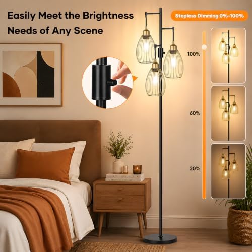 Dimmable Floor Lamp,3x800LM LED Bulbs Included, Farmhouse Industrial Floor Lamp Standing Tree Lamp with Teardrop Cage Head Tall Lamp for Living Room Bedroom Office Dining Room - Black Gold Edge