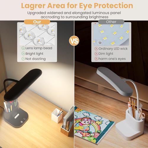 DEEPLITE LED Desk Lamp with USB Adapter Charging, Eye-Caring Study Lamp for Home Office, 3 Color Dimming Brightness Touch Control, Pen/Phone Holder, Flexible Gooseneck Reading Lamp